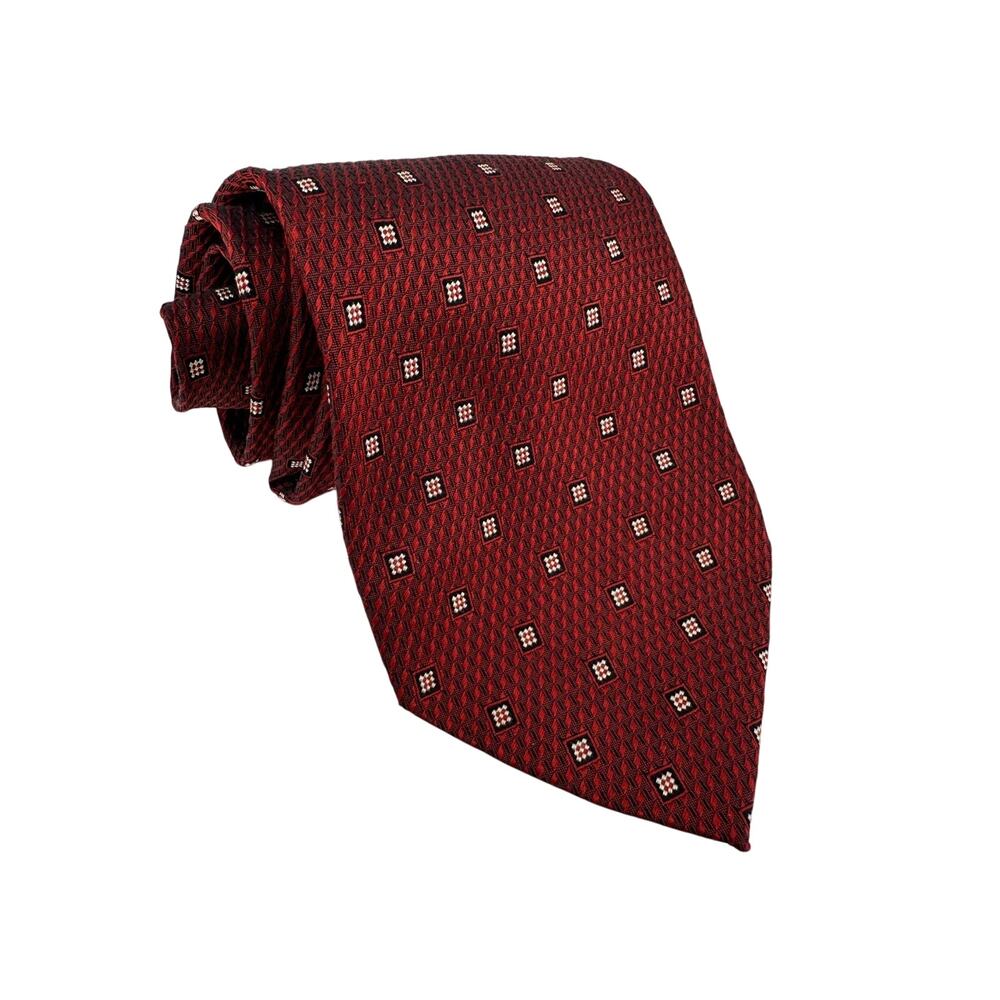Tesoro Rosso Red Silk Necktie Geometric Pattern Made in Italy